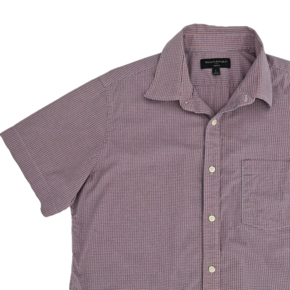 Banana Republic Men's Red Blue Gingham Check Short Sleeve Button Up Shirt‎ Sz L